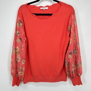 Siani Milano Coral Floral Sweater Women's‎ L Sheer Sleeve Crew Neck
